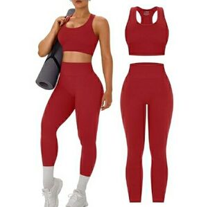 Women Workout Set Seamless High Waist Legging Padded Racerback Sports Bra Red
